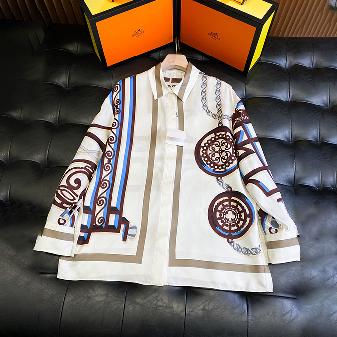 hermes equestrian chain and chair motif printed heavy twill silk shirt